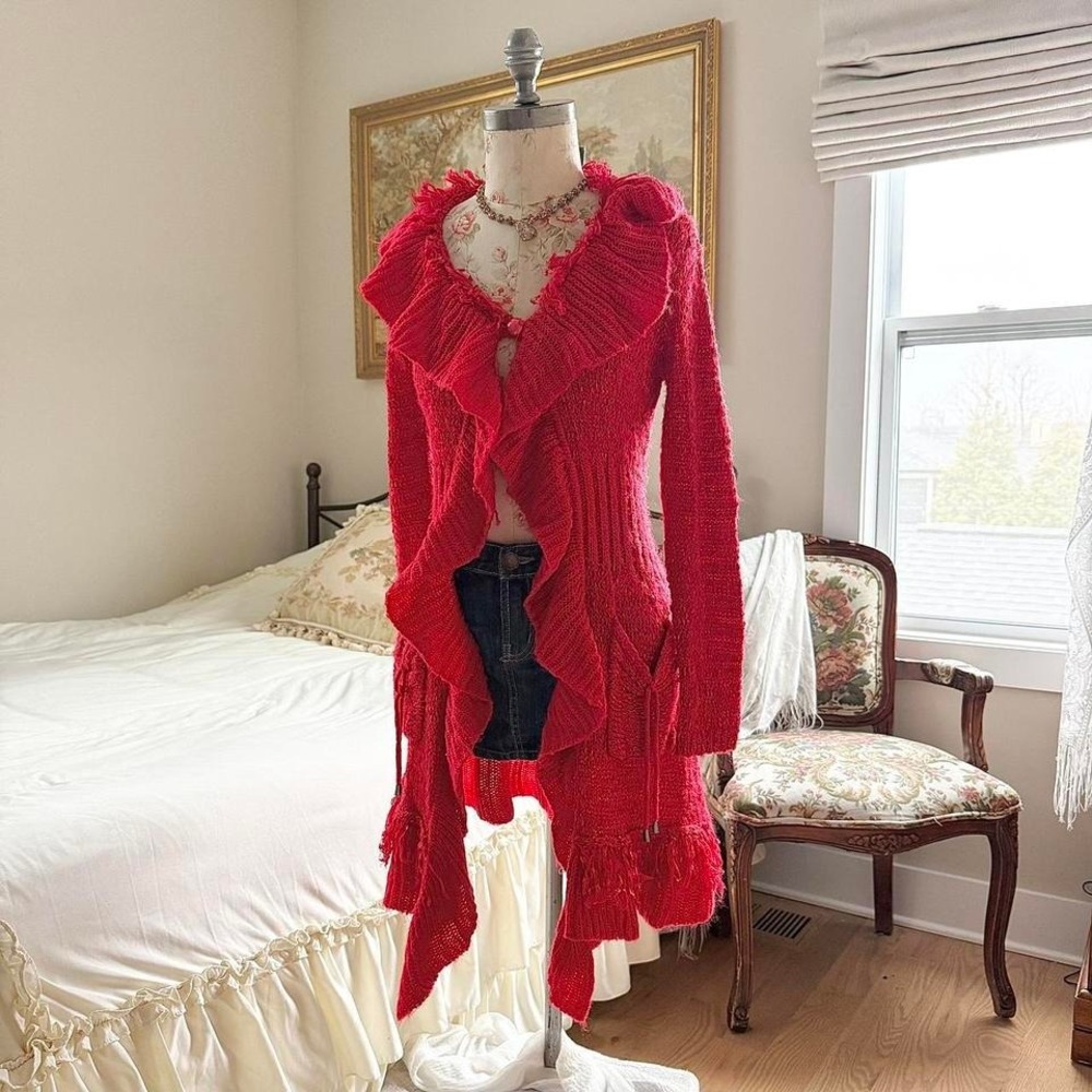 red‎ ruffle fairy duster cardigan  Y2K alison sheri red knit ruffle cardigan - Picture 2 of 8